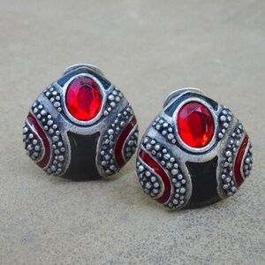 Vintage Clip On Silver Tone Shield Black & Ruby Red Jewel Statement Earrings